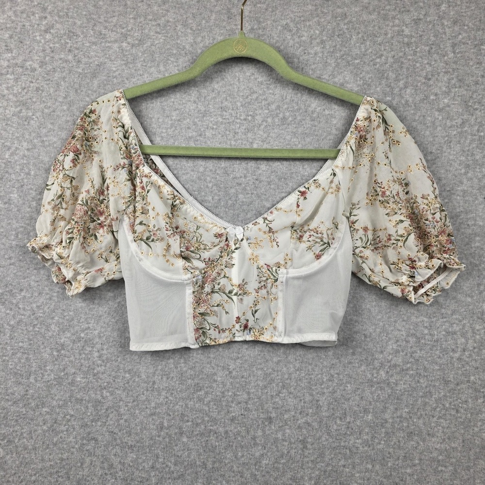 Cropped Floral Blouse Womens Medium White Sheer Puff Sleeve Sweetheart Top Boho